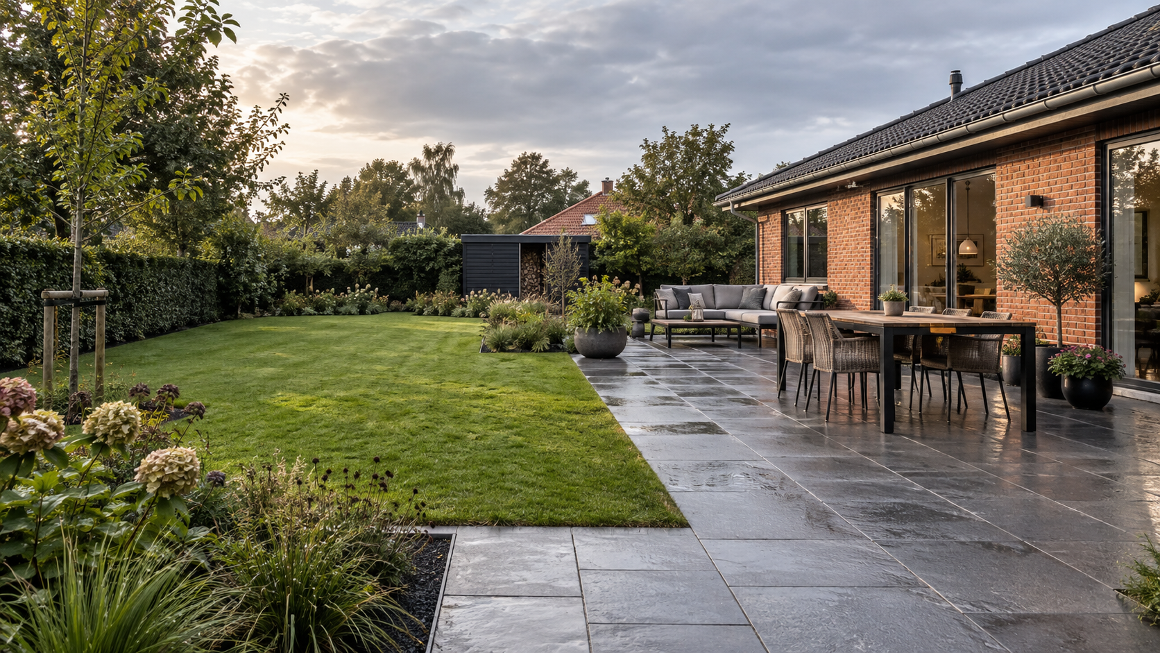 Haveinspiration med grøn beplantning, natursten og en terrasse